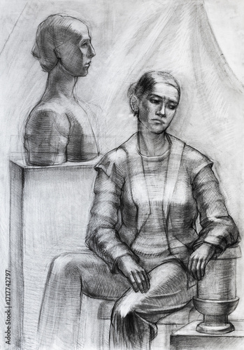 hand drawn female model and bust sculpture