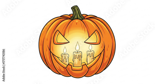 A spooky halloween pumpkin with candles inside, the pumpkin has a scary face and the candles are lit