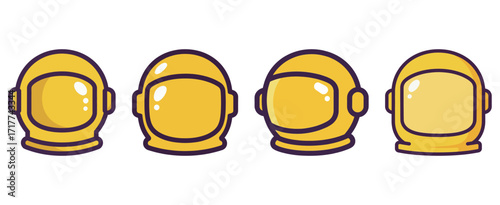 Set of yellow astronaut helmets from different angles, space exploration and science vector illustration