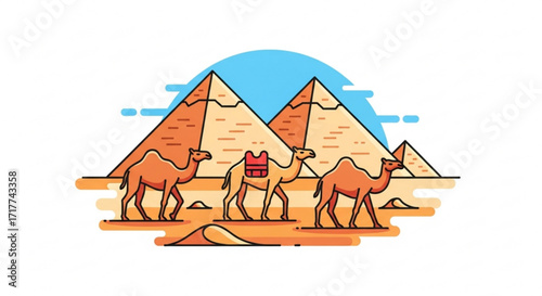 A scenic illustration of camels walking in front of the pyramids in egypt, showcasing the beauty of the desert landscape