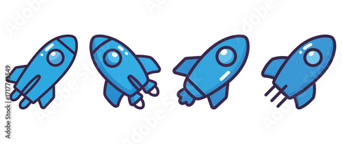 Set of blue cartoon rockets, space travel and exploration vector illustration