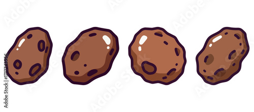 Set of four cartoon brown asteroids or meteorites, space and celestial bodies vector illustration