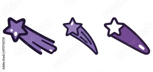 Set of purple shooting stars or comets, space and celestial bodies vector illustration