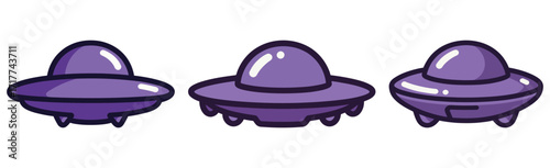 Set of purple UFO flying saucers from different angles, science fiction and alien invasion vector illustration