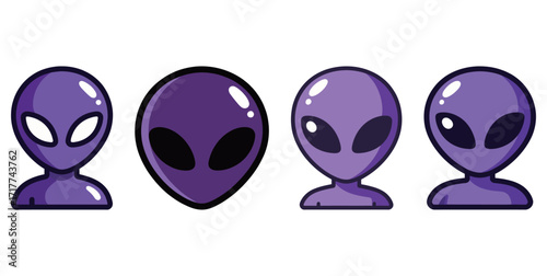 Set of purple alien heads and faces with big black eyes, extraterrestrial life and science fiction vector illustration