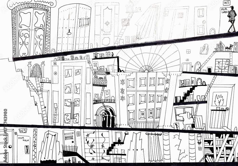 Fototapeta premium hand-drawn sketch of various doors and stairs