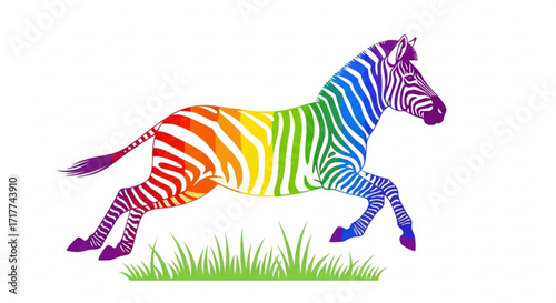 A vibrant rainbow zebra gallops across a, its stripes displaying a spectrum of colors, creating a whimsical and eyecatching illustration