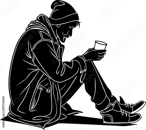 Homeless Man Holding a Cup - Black and White Vector Silhouette