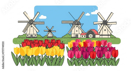 A picturesque scene of windmills and tulip fields in the netherlands the windmills are white, and the tulips are yellow and red