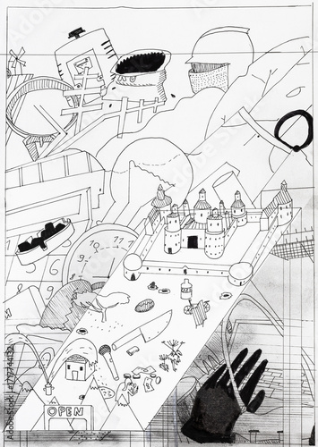 hand-drawn sketch of abstract objects, knights