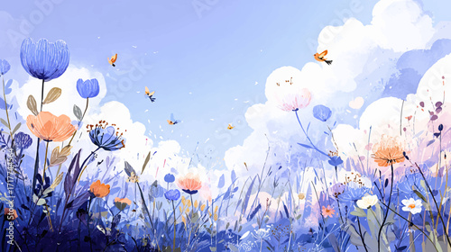 cute illustration The wilderness is full of fun Every flower and every grass is curious How fresh and beautiful The little flowers are all over the place There is no life in the city Every flower and 