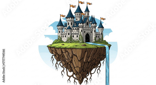 A whimsical castle sits atop a floating island, complete with cascading waterfalls and lush greenery a magical realm awaits