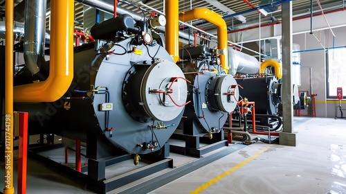 Hot water boiler with a cylindrical metallic steel body, installed in a heating system, factory, or commercial building to heat water for space heating or industrial use, equipped with pressure gauges