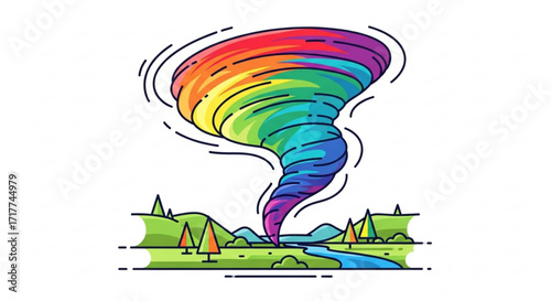 Illustration of a colorful tornado over a landscape, , symbolizing weather and natural phenomena for design