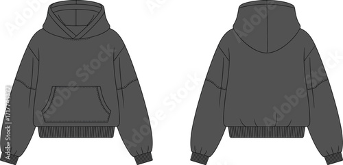 Black cropped hoodie flat sketch, unisex fashion template with front pocket, ribbed cuffs and hem, casual streetwear apparel vector illustration