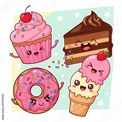 Set Cute Dessert Friends: Cupcake, Ice Cream Cone, Donut, And Macaron In Happy Pastel Scene	