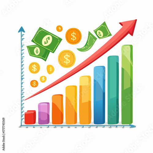 Business Growth Chart Icons- Upward Arrows, Profit Bars, Success Diagrams, and Progress Symb