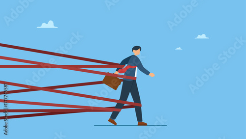 Businessman tied up with red tape trying to run away with full effort. Business difficulty or struggle with career obstacle, limitation and trap or challenge to overcome to success.