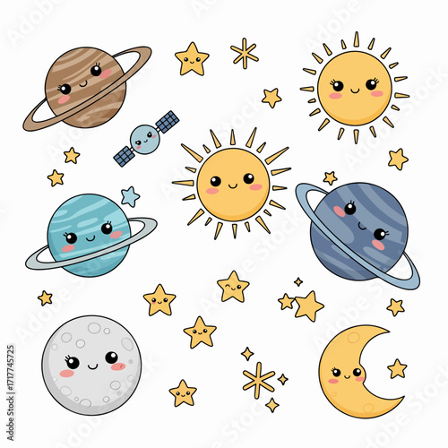 Cute Kawaii Space Scene With Planets, Sun, Moon, And Stars In A Kawaii Cartoon Style