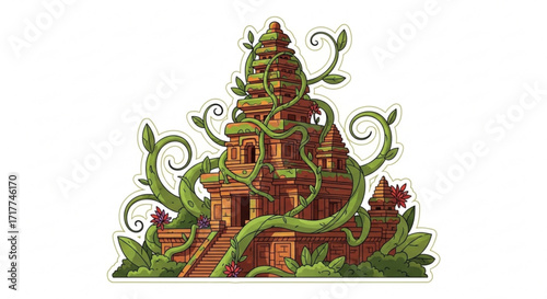 Ancient temple ruins overgrown with vines and vegetation the temple is made of stone and has a weathered appearance