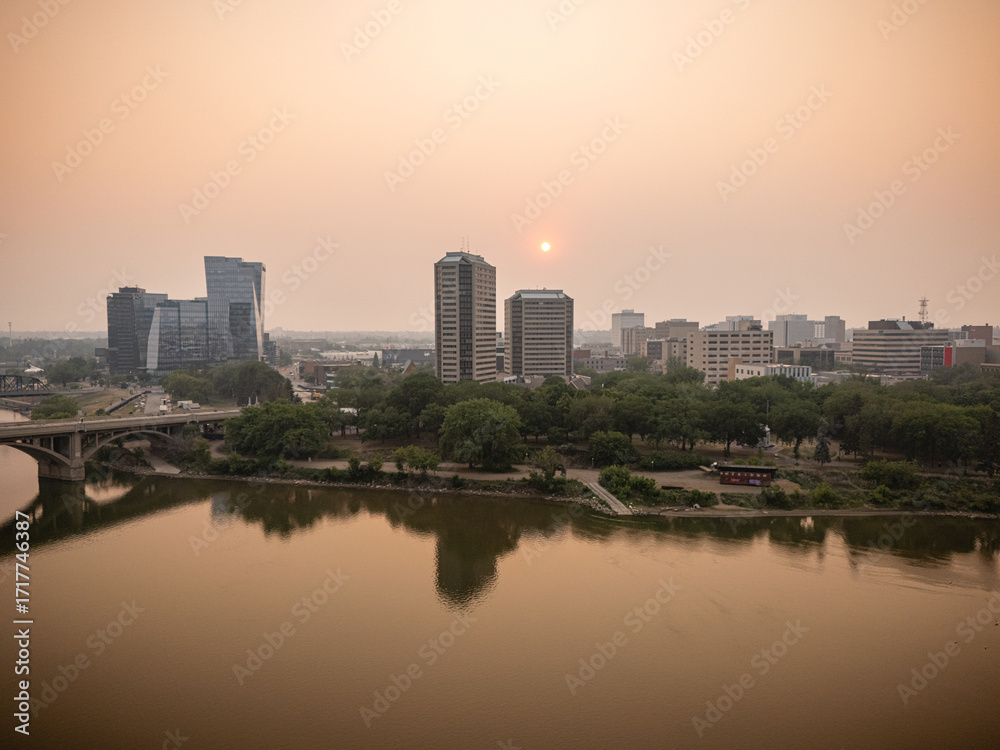 Naklejka premium Aerial View of Downtown Saskatoon with Forest Fire Smoke in the Air