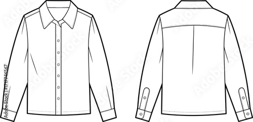 Blank button down shirt template, long sleeve formal blouse mockup, fashion flat sketch, unisex apparel design, clothing vector illustration front back