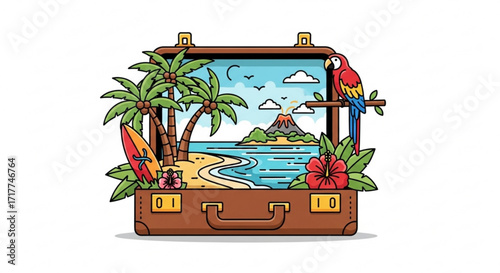 Tropical paradise vacation in a suitcase, featuring palm trees, a beach, a volcano, a parrot, and hibiscus flowers, capturing the essence of a dream getaway