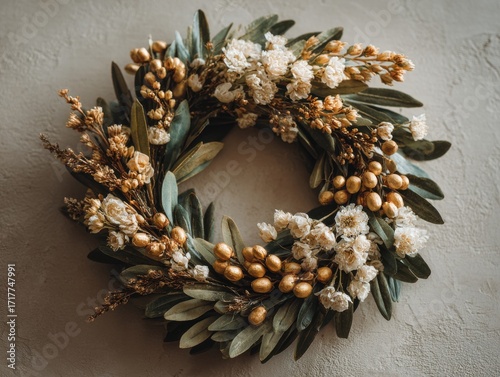 A delicate botanical wreath features minimal style with muted tones, showcasing gentle leaves and golden berries in a beautiful circular arrangement now adorning space.