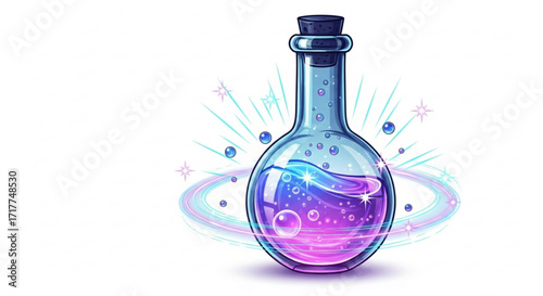 A magical potion bottle, filled with swirling liquid and bubbles, representing alchemy, fantasy, and transformation