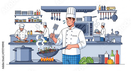 A busy restaurant kitchen with chefs cooking and preparing food, , showcasing the culinary arts and teamwork