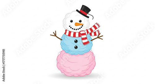 A whimsical snowman with colorful cotton candy body, a striped scarf, and a top hat, bringing a touch of sweetness to winter