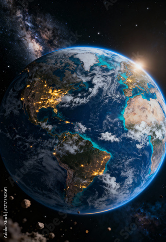 Earth, illuminated by sunlight, floating in space.