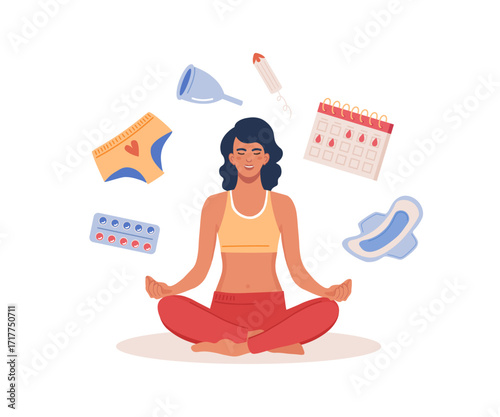Woman sitting in lotus meditation pose in menstruation period. PMS calendar, tracker. Items for personal intimate hygiene of women. Sanitary tampon, pad, silicone reusable menstrual cup, panties