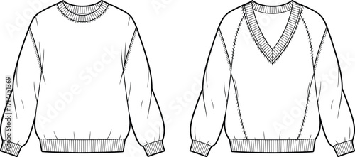Blank crewneck and V-neck sweatshirt front view, fashion design template, casual pullover mockup, unisex sportswear apparel, clothing garment illustration sketchBlank crewneck and V-neck 
