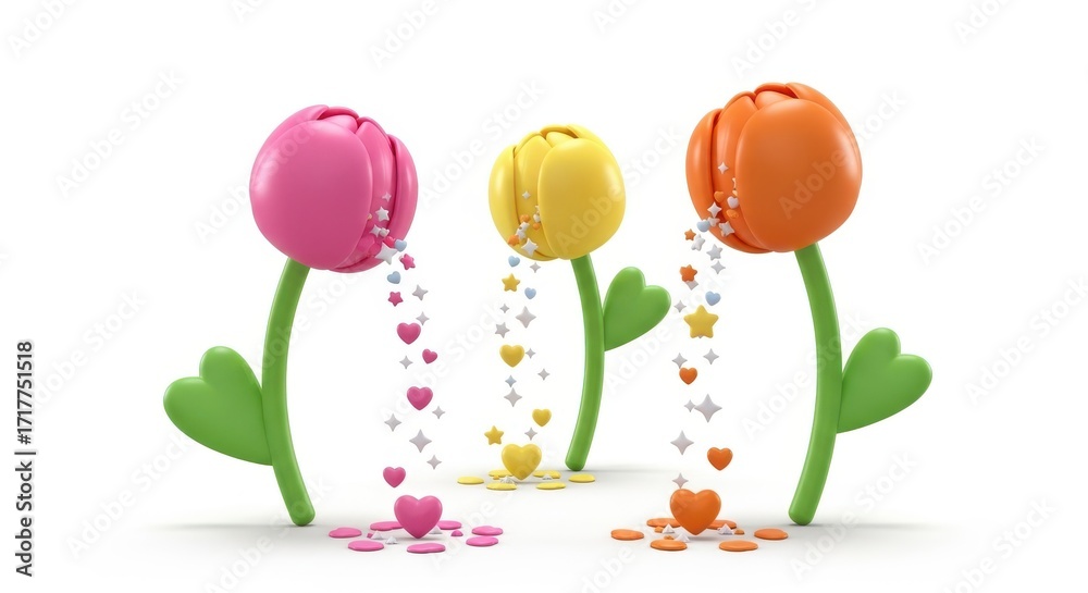 Fototapeta premium Three cartoon tulips (pink, yellow, orange) emitting hearts and stars on a white background