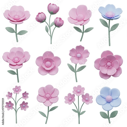 Twelve assorted 3D rendered floral icons in pink and light blue with green stems isolated on white