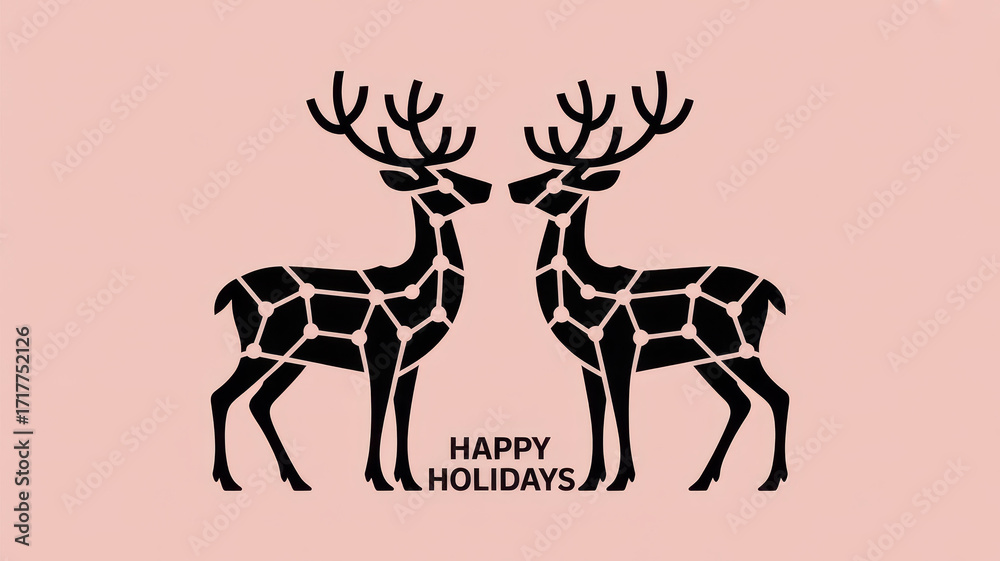 Obraz premium Geometric reindeer silhouettes on pink background with happy holidays message