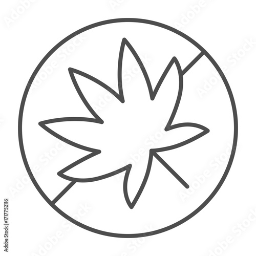 No sign with leaf of marijuana plant thin line icon, prohibition concept, smoking marijuana is forbidden sign on white background, outline style icon for mobile and web design. Vector graphics.