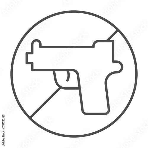 No symbol with pistol weapon thin line icon, prohibition concept, gun shooting is forbidden sign on white background, outline style icon for mobile and web design. Vector graphics.