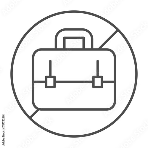 No sign with briefcase or suitcase thin line icon, prohibition concept, business is not allowed sign on white background, outline style icon for mobile and web design. Vector graphics.