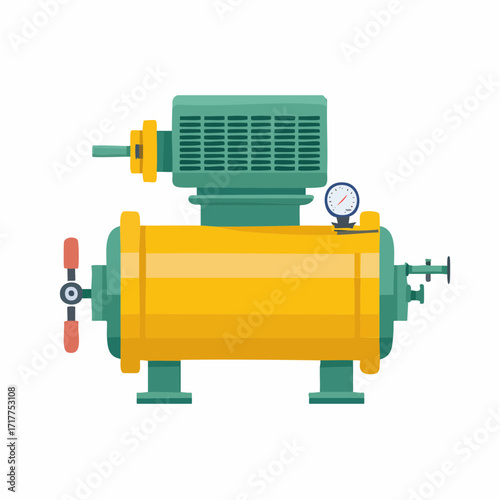 Bright yellow and teal industrial pump or compressor unit with pressure gauge, vector illustration