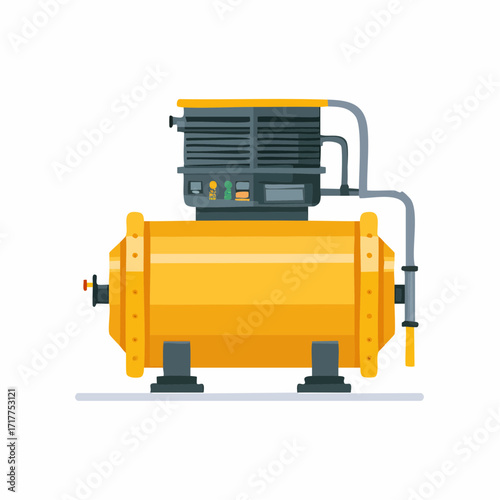 Yellow industrial air compressor with grey motor and pipes