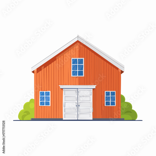 Bright orange house building with blue windows white roof and large double doors