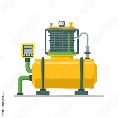 Industrial yellow compressor machine with green pipes and control panel illustration