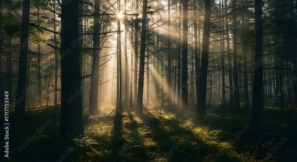 Fototapeta premium Sunlight pierces through a dense forest, illuminating the misty air and creating a breathtaking scene of light and shadow, evoking a sense of calm and natural beauty