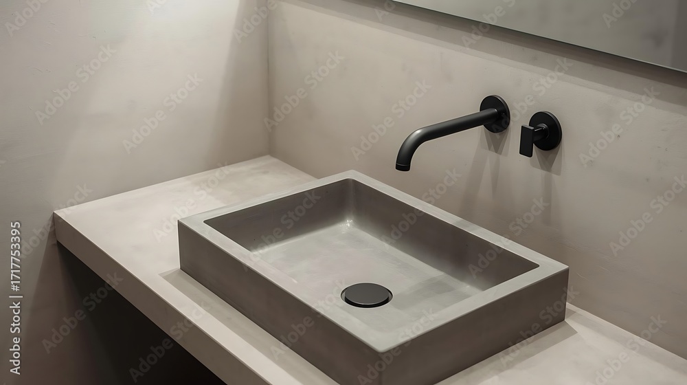 Fototapeta premium Minimalist bathroom with concrete sink, matte black faucet, and neutral walls