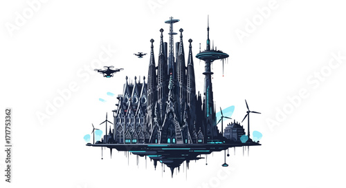 Experience a futuristic Citysearch blending iconic architecture with modern technology. Perfect for illustrating innovation, urban planning, and sustainable energy solutions.