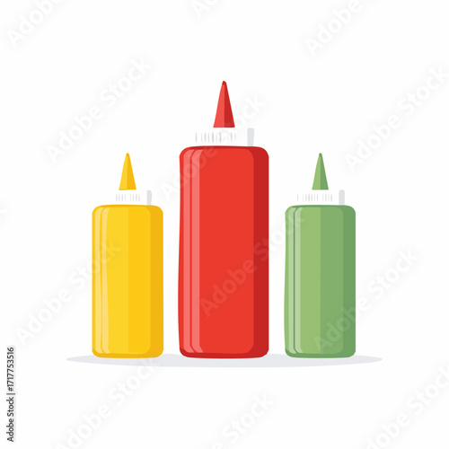 Three colorful squeeze condiment bottles featuring red ketchup yellow mustard and green relish sauce vector design