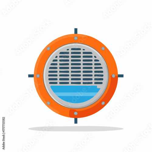 Stylized orange circular drain icon with a gray grate and visible blue water level illustration