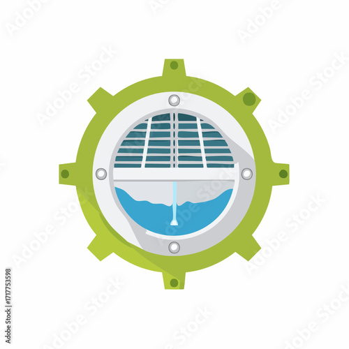 Stylized Drain Illustration with Flowing Water and Green Rim Grate Access